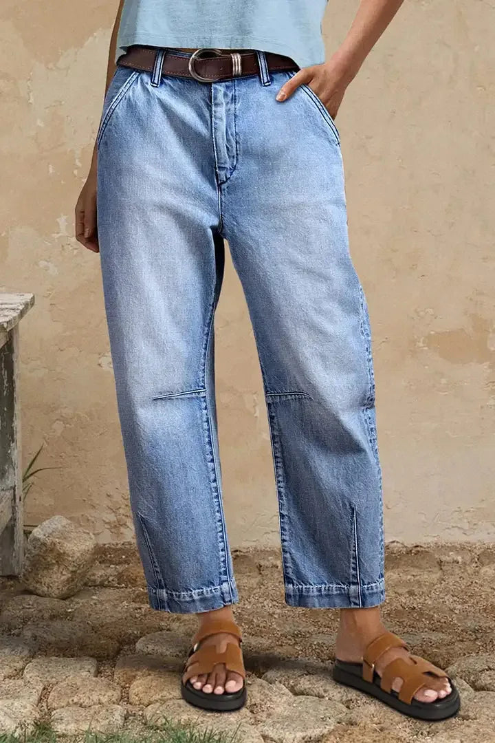 New Women High Waist Loose Straight‑Leg Cropped Jeans Washed Vintage Denim Ankle Pants Casual Daily Streetwear Denim Trousers