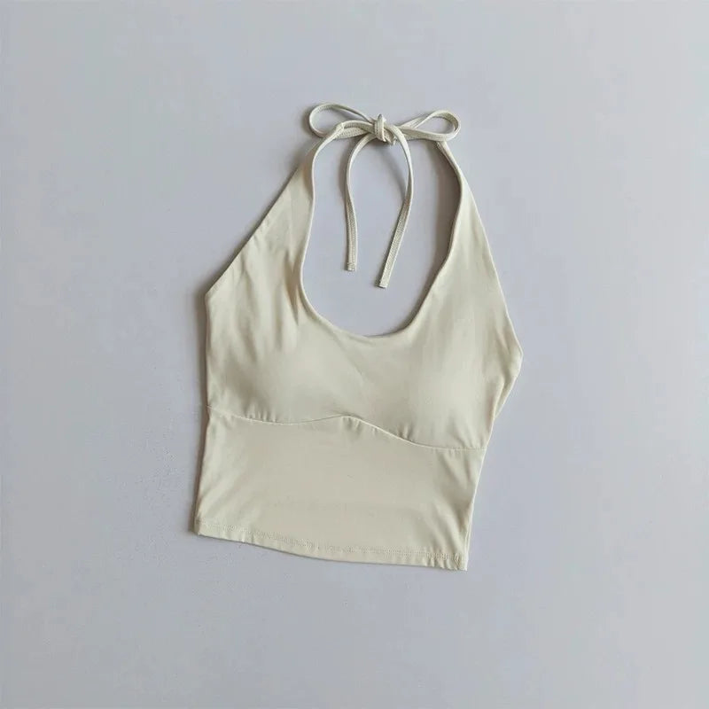 Women Halter Tie‑Up U‑Neck Yoga Sports Top Stylish Design Breathable Comfortable Integrated Fixed Cup Cropped Tank Top Fitness