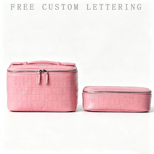 Pink Cowhide Crocodile Pattern Cosmetic Bag Luxury Large Capacity Genuine Leather Travel Toiletry Storage Portable Vanity Case