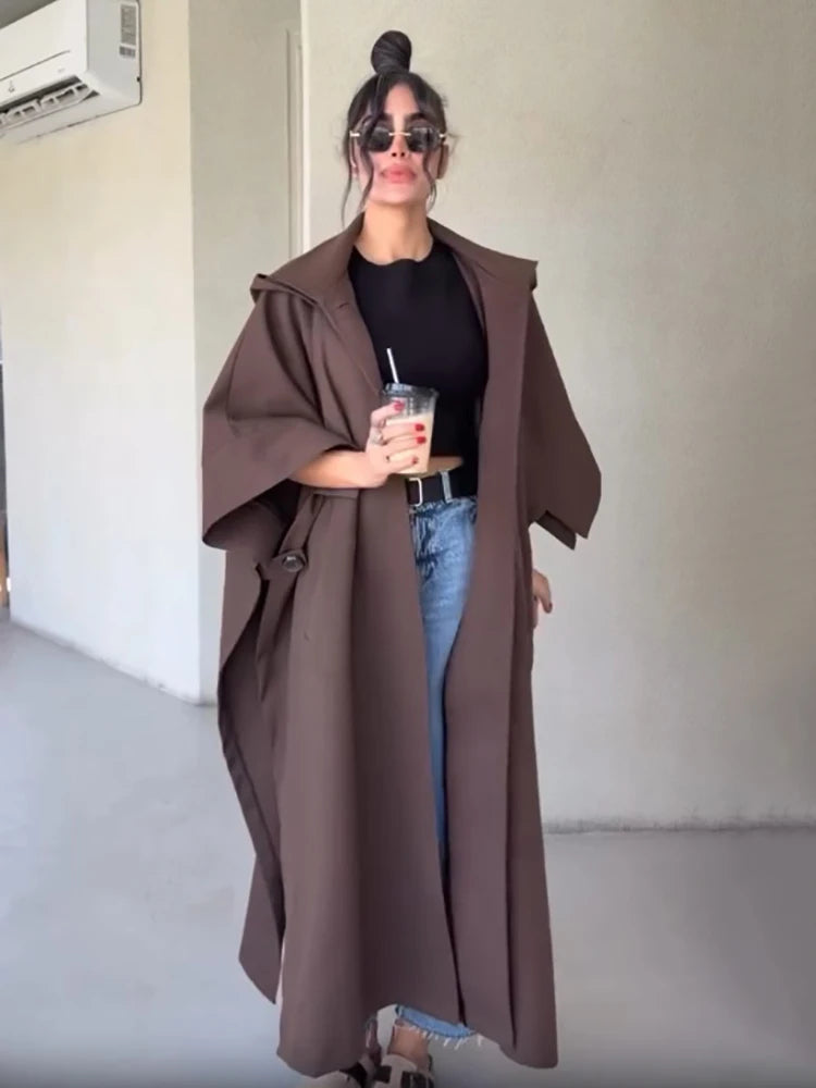 Fashion Solid Cape‑style Long Overcoat Women Oversize Hooded Self‑tie‑belt Wide 3/4 Sleeve Trench Coat New Fall Female Outerwear