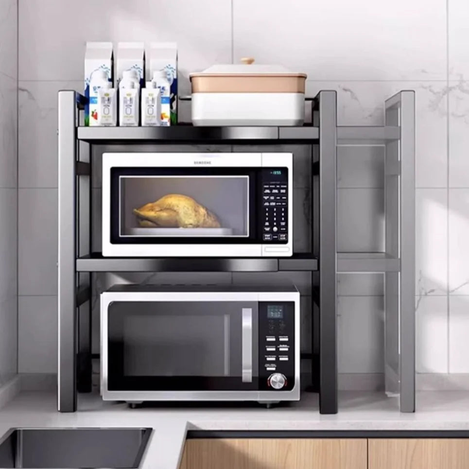 Expandable Kitchen Storage Rack Double Layer Microwave Oven Stand Countertop Holder for Rice Cooker Kitchen Organizer