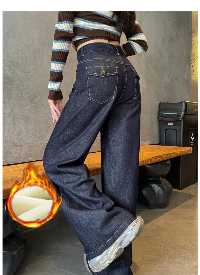 Wide Legs Fleece Jeans Women Winter Loose Velvet Casual Pants Comfortable Warm Straight Fashion Pocket Plush Denim Trousers