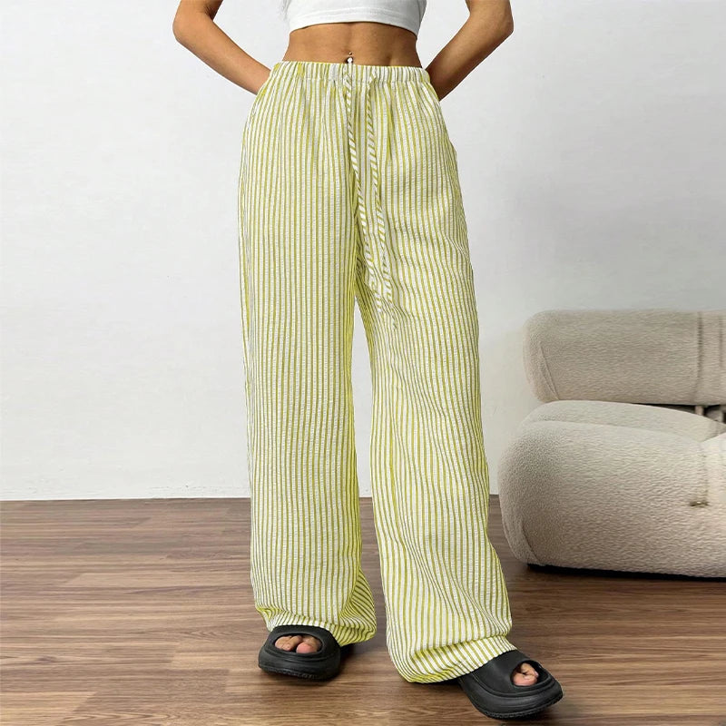 Stripe High-Waisted Wide Leg Trousers Straight Leg Linen Blend 2026 Spring Summer Chic Minimalist Streetwear Vacation Trouser