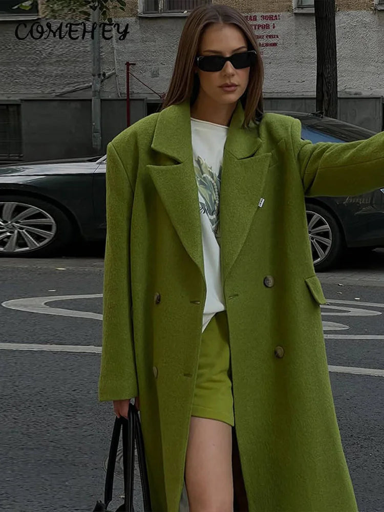 Elegant Women's Woolen Overcoat Solid Lapel Double Breasted Full Sleeve Long Coat 2026 Autumn Winter Fashion Lady Outwear