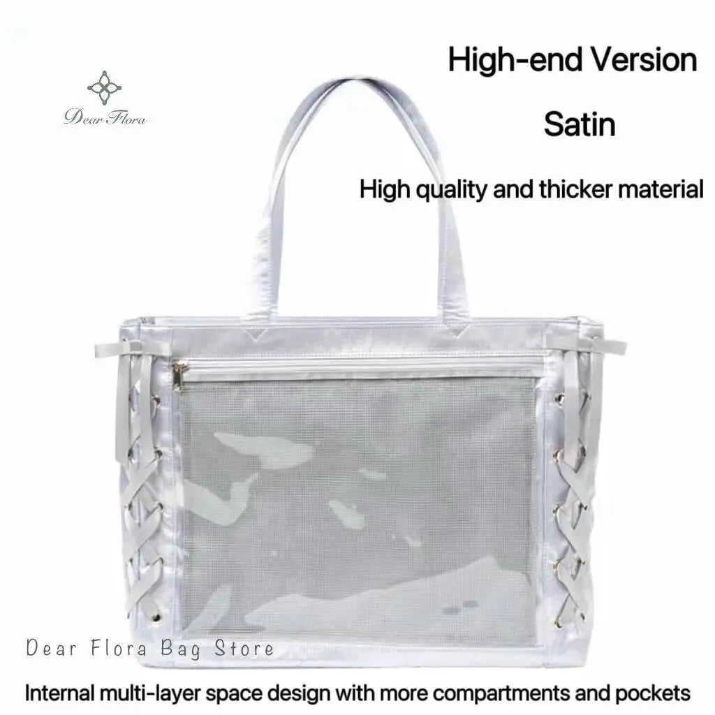 Japanese Sweet Women Ribbon Ita Bag Fashion Large Capacity Tote Bag Aesthetic Shoulder Bag Cute Lolita Girl Transparent Handbags