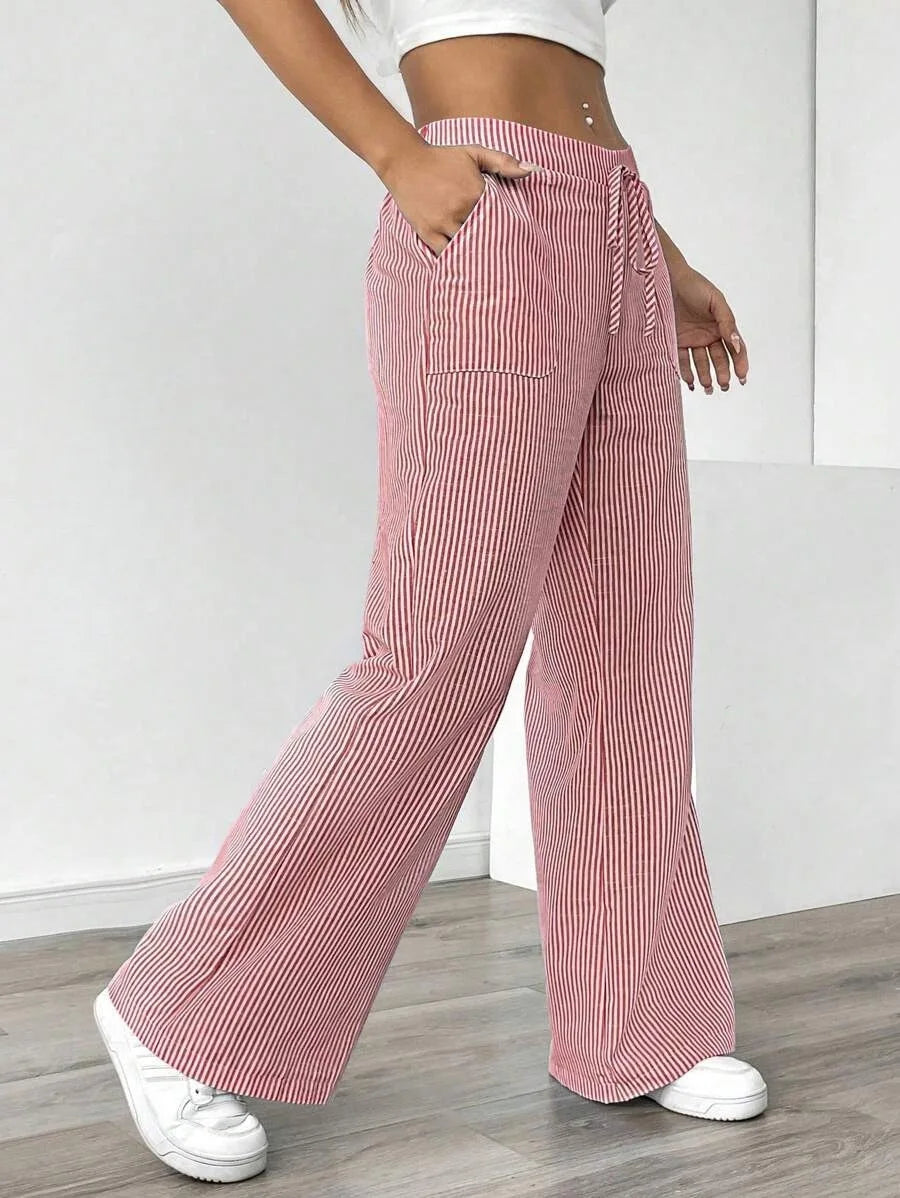 Summer Striped Wide Leg Pants Women High Waisted  Drawstring Loose Fit Slimming Casual Straight Leg Harem Pants Female Trousers
