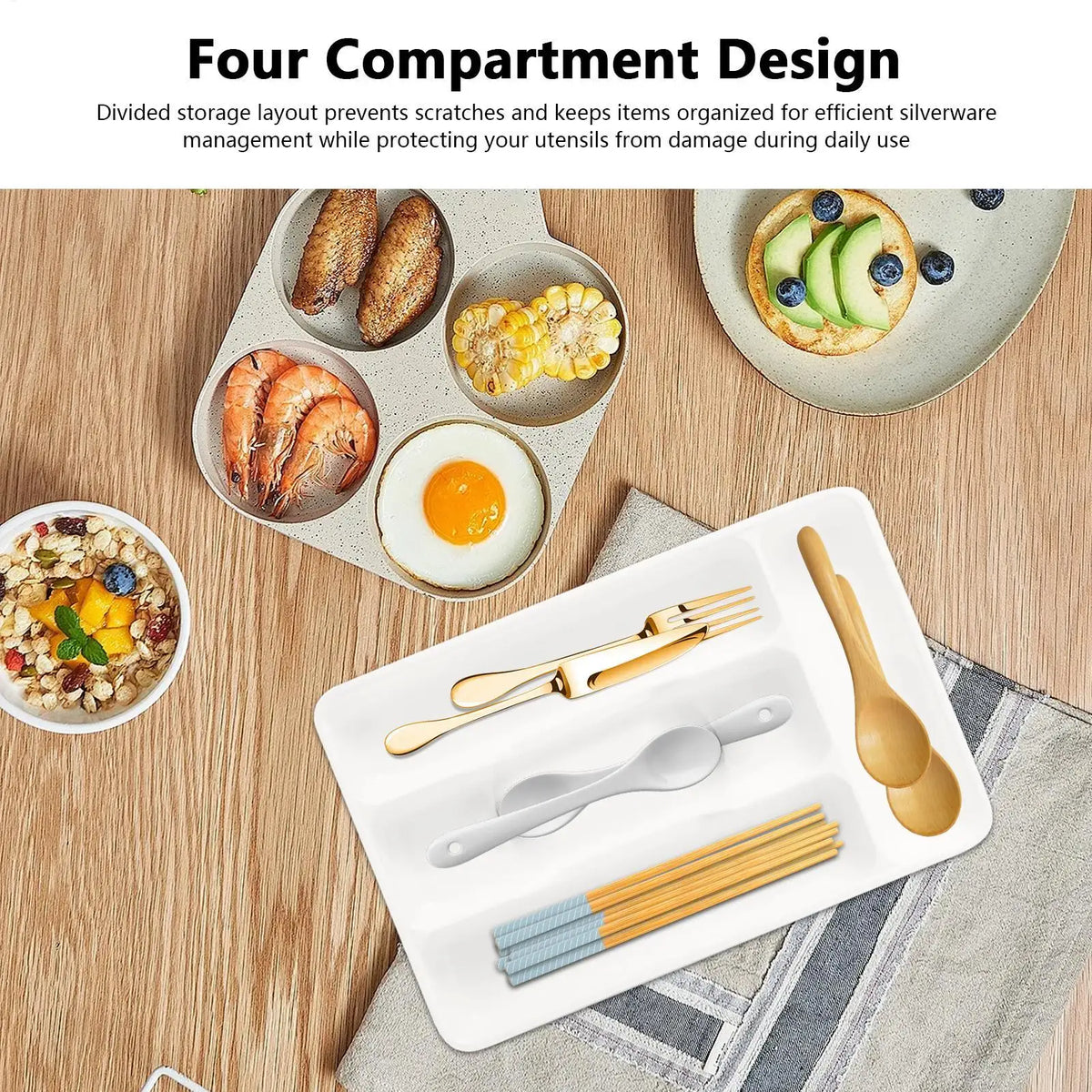 Compact Silverware Organizer with 4 Compartments Flatware Holder, Kitchen Cabinet Countertop Storage Solution Home Use