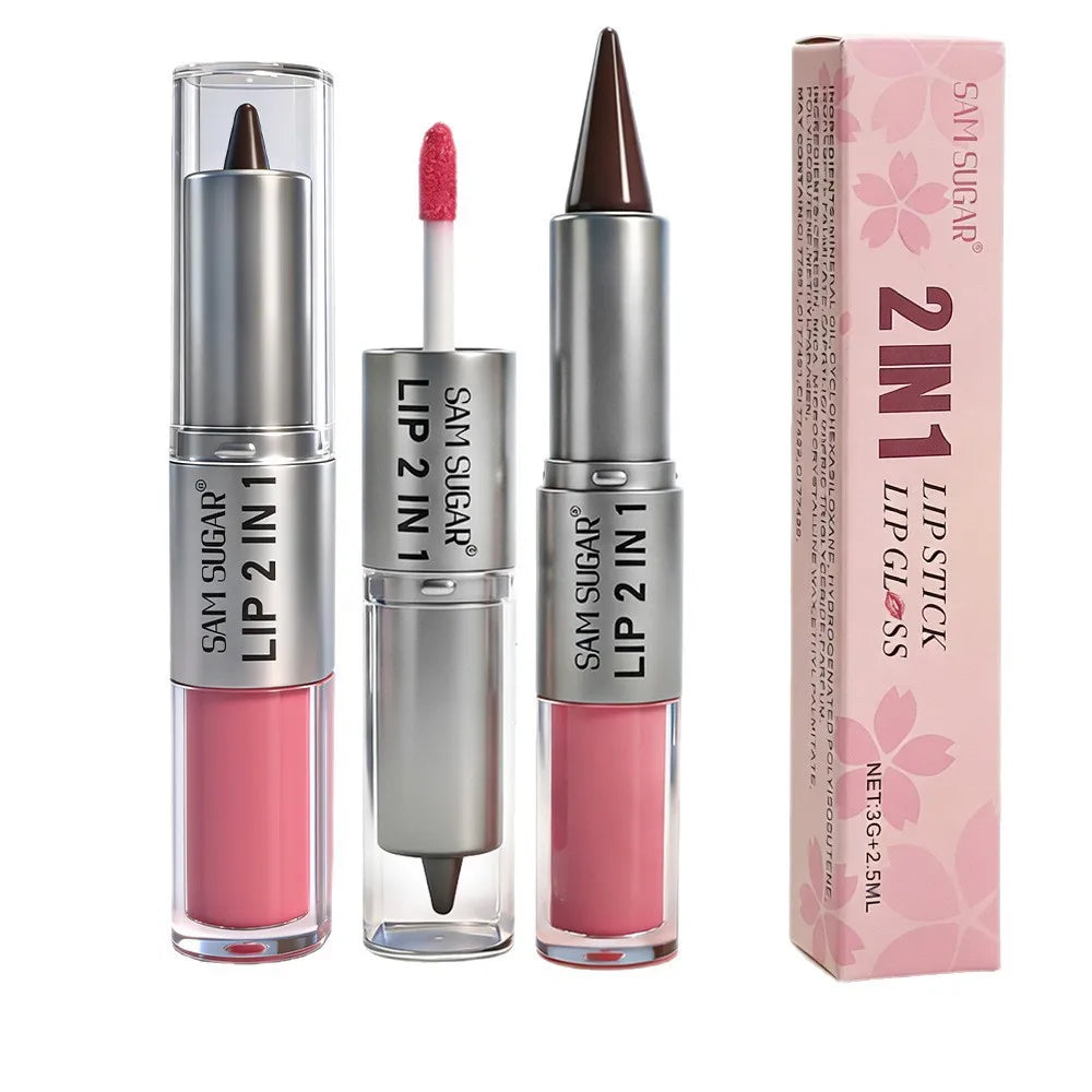 2 in 1 Lip Liner & Lip Gloss, Dual Ended Hydrating Non Stick Lipstick, Matte Velvet Outline Crayon with Shiny Plumping Lip Glaze