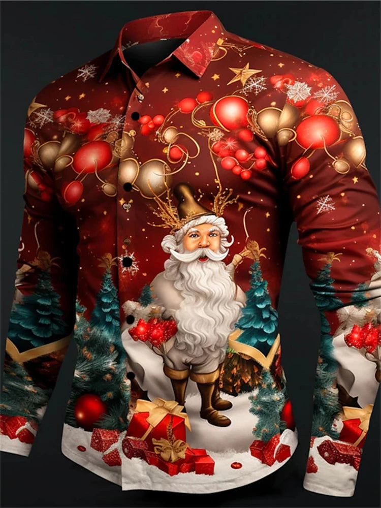 Gift Christmas Tree Print Men's Long Sleeve Shirt Urban Street Men's Fashion Christmas Shirt Autumn And Winter Casual Mens Shirt