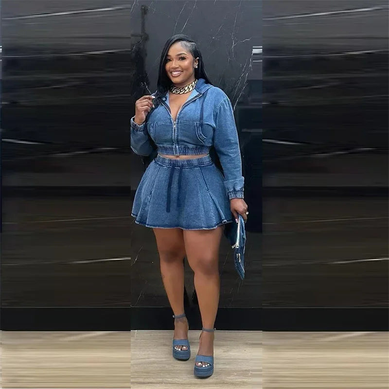 Streetwear Denim Set Woman Two Piece Outfit Casual Zipper Hooded Jacket Top and Mini Skirt Jeans Matching Sets Ensemble Femmes