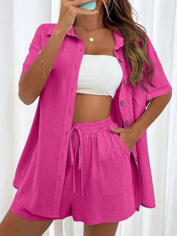 Solid Color Casual Fashion Loose Short Pants Sets For Women Elegant Summer Women's Long Sleeve Single breasted Two Pieces