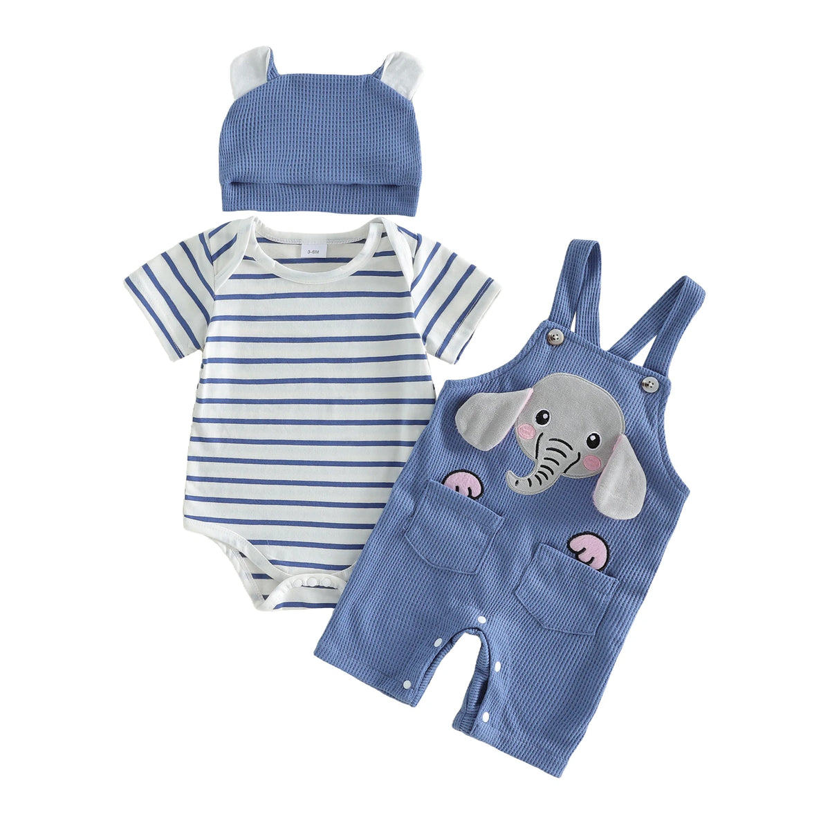 Citgeett Summer Infant Baby Boy Outfit Striped Short Sleeve Romper Cartoon Embroidered Overall Pants Hat Clothes Set