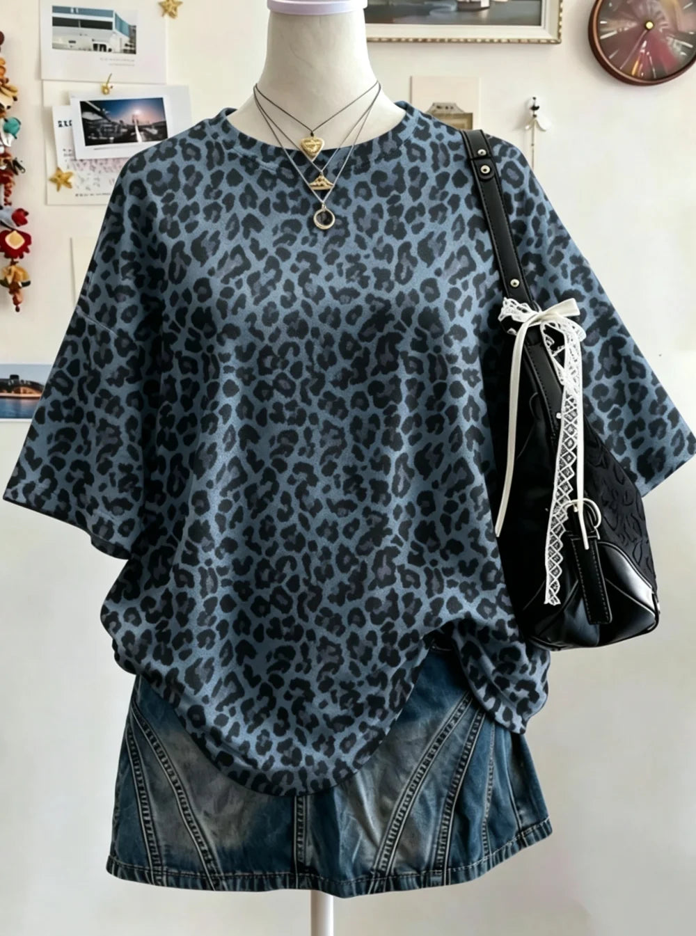 Summer Y2K Leopard Print Casual Oversized Round Neck Drop Shoulder Women Short Sleeve T-shirt Street Casual Sports Top