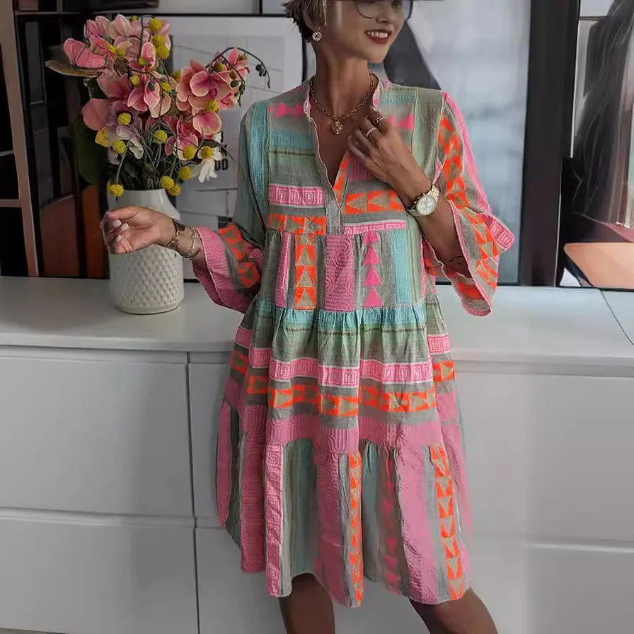2026 Women Dresses V Neck Three Quarter Sleeve Pullover Dress Print Floral Vestidos Knee Length Loose Fit Casual Summer