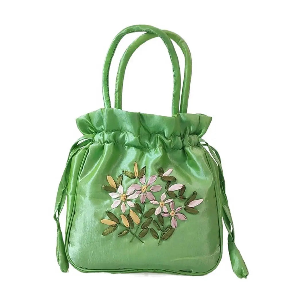 Retro Elegant Satin Silk Embroidery Totes for Women Floral Drawstring Handbag Hanfu Woman Purse Wallet Small Tote Bags