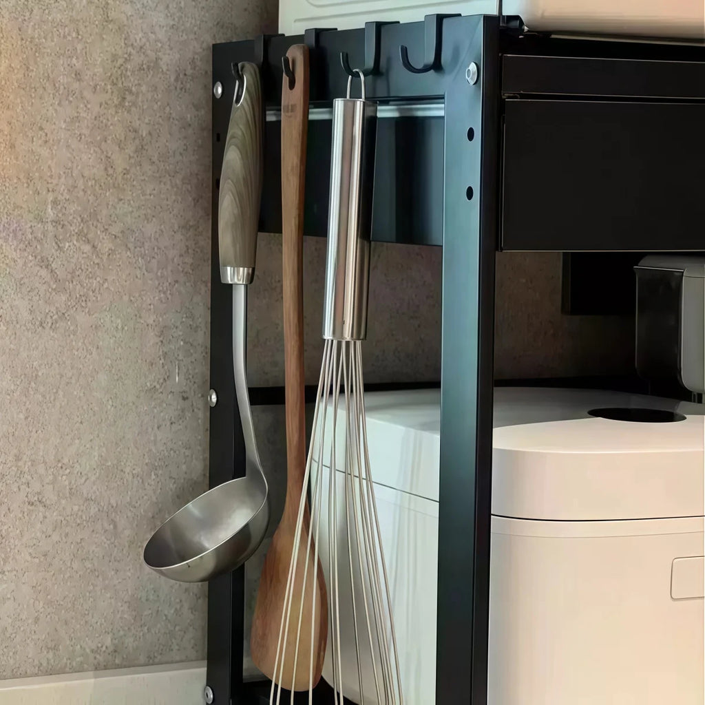 2 Tier Microwave Stand with Storage Drawer, Kitchen Countertop Organiser with Utensil Hooks, Storage Shelf for Oven & Air Fryer