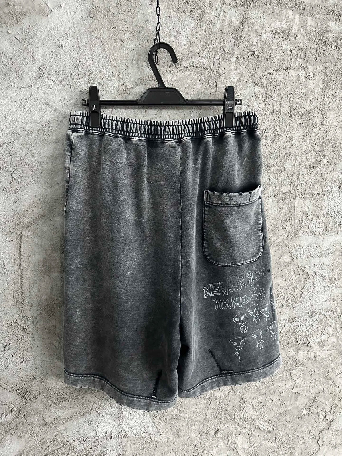 Vintage Washed Distressed Sweat Shorts Men Women Unisex American Streetwear Graffiti White Ink Digital Print Drawstring Elastic
