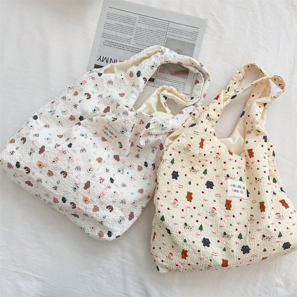 Female Tote Shopping Bag Eco Handbag Reusable Grocery Shopper Purse Korean Women Sweet Cartoon Shoulder Bag Books Pouch
