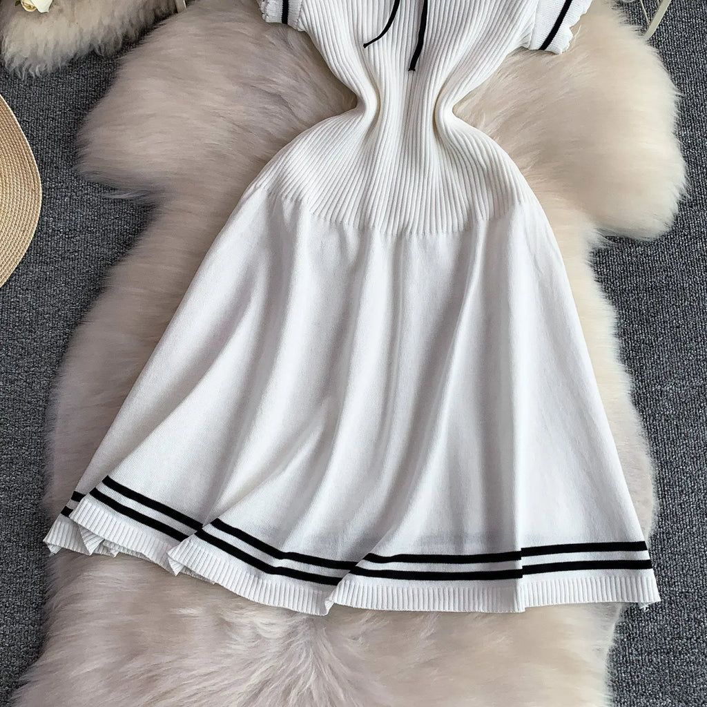 Summer Women Sweet Strechy Sundress Turndown Collar Short Sleeve Knitted Dress Lace Up Bow High Waist A-line Mini Dress