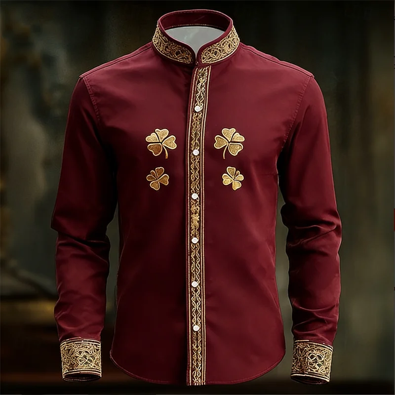 New Men's Floral Long Sleeved Shirt with Gold 3D Clover Print, Fashionable and Luxurious Long Sleeved Shirt Top