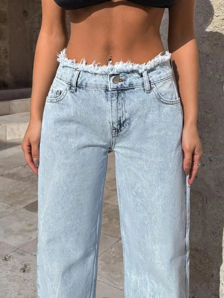 European Low Waist Frayed Wide Leg Jeans Women Light Blue Washed Loose Straight Draped Pants Vintage Floor Length Trousers