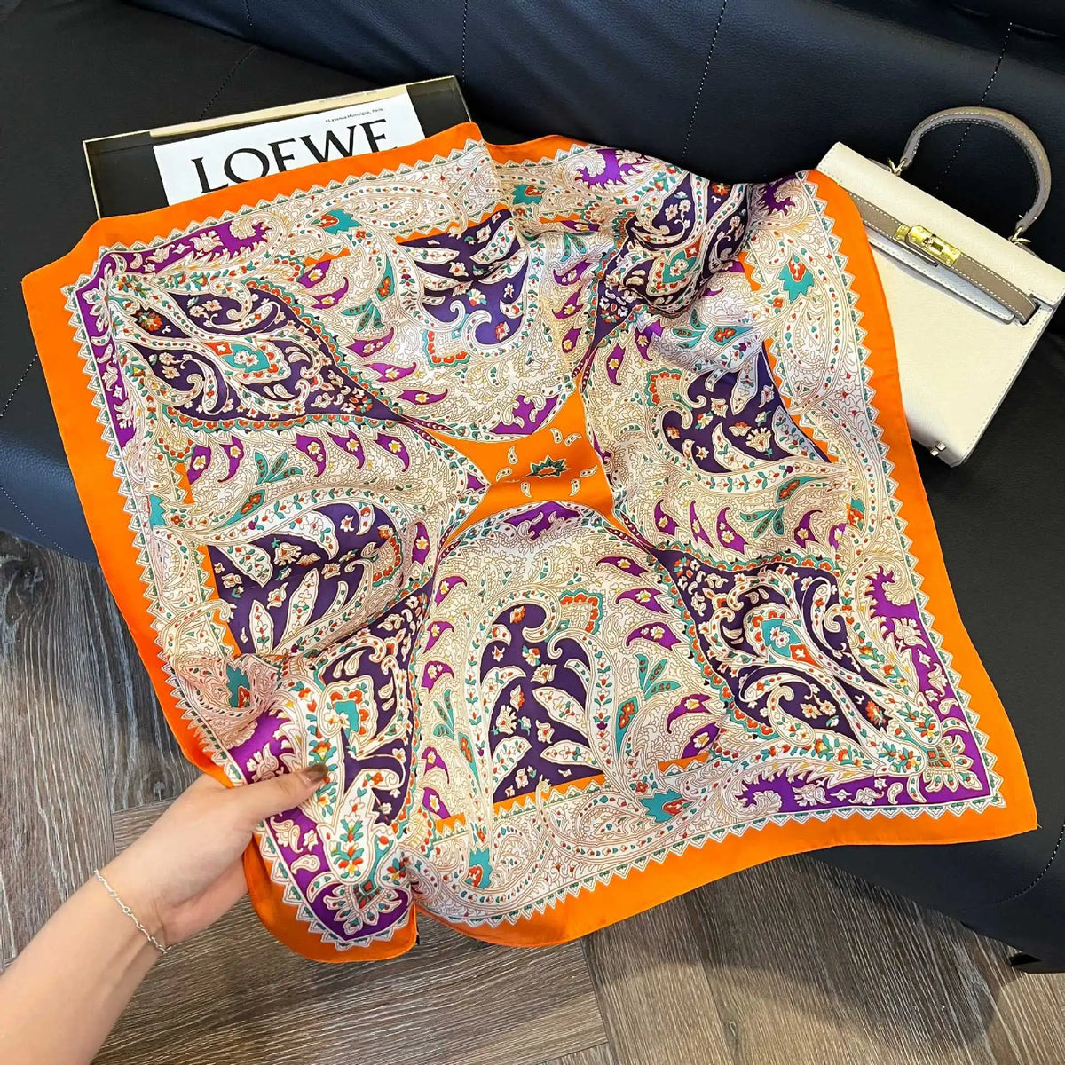Luxury Brand Paisley Houndstooth Printed Square Scarf Soft Satin Thin Smooth Neck Scarf Sunscreen Headscarf For Women Head Wrap