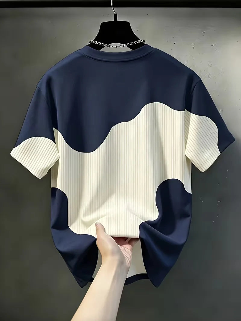 Men'S Casual Round Neck T-Shirt, Geometric Pattern Patchwork Striped Design, "Chicago" Word Pattern Top