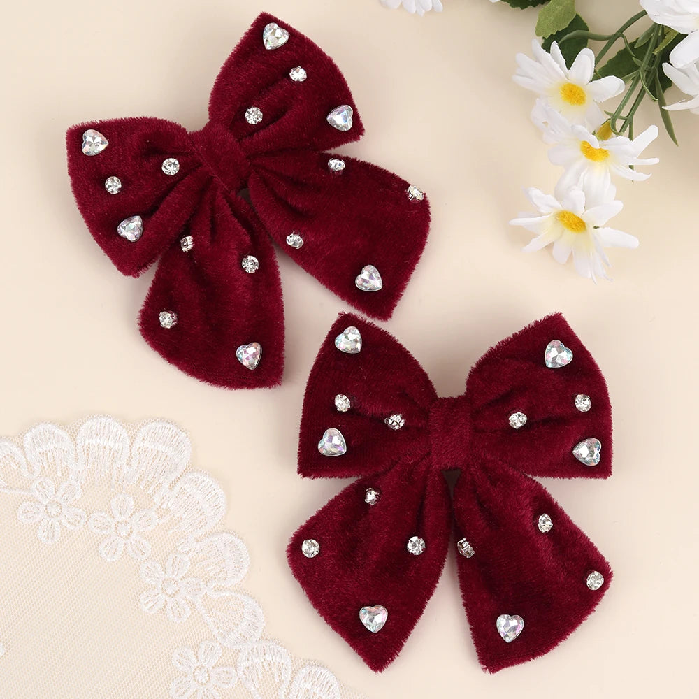 Velvet Bow Hair Clips with Heart Rhinestone Detail, 2-Pack
