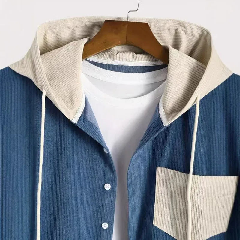New Spring Autumn Men's Corduroy Long Sleeve Shirt Casual Streetwear Pocket Splicing Color Hoodie Loose Tops for Men Coats