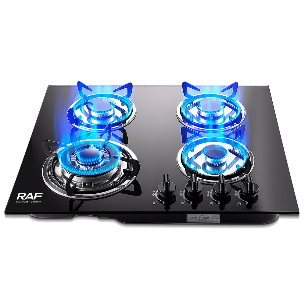 Built in Gas Stove Four Burners Tempered Glass Panel Pulse Ignition Uniform Firepower Cast Iron Support for Modern Kitchens
