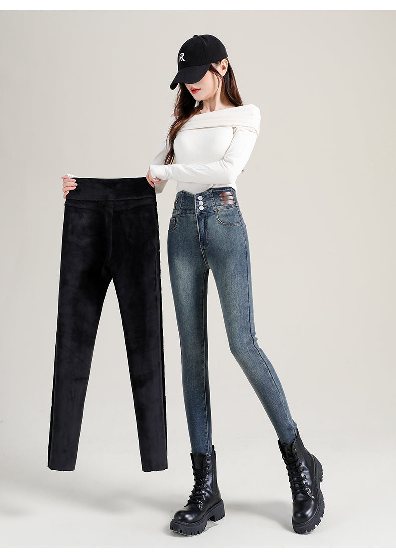 High Waist New Women's Fleece Jeans Winter Warm Thermal Slim Blue Black Fashionable Casual Velvet Elastic Pencil Denim Trousers