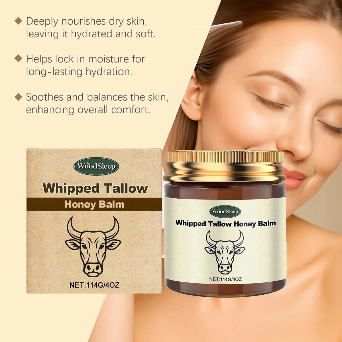 WoodSleep Tallow Honey Balm Deeply Hydrating Skin Non Sticky Smooth Lightweight Long Lasting Moisturizing Natural Body Balm 114g