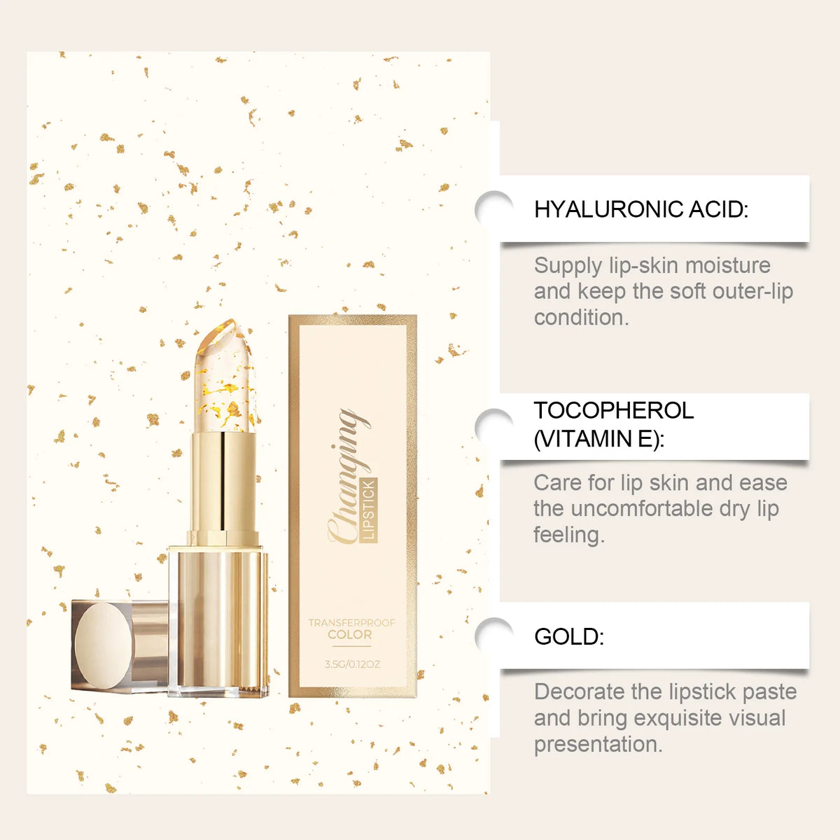 Gold Foil Color Changing Lipstick Hydrating PH Adjusting Lip Tone Long Lasting Moisturize Crystal Transparent Lip Balm Lip Gloss
