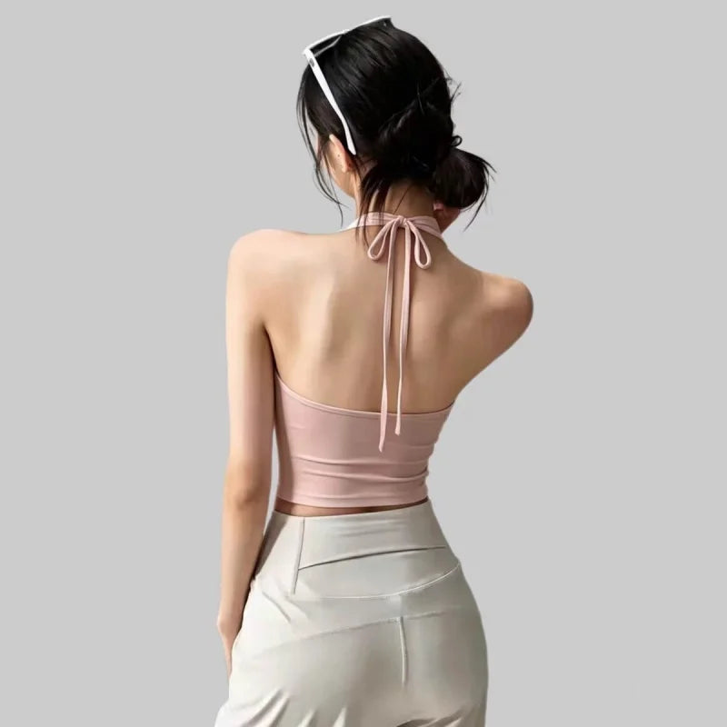 Women Halter Tie Open Back Yoga Tank Top Summer Skin-Friendly Breathable Fixed Padding Sports Bra Gym Fitness Workout Crop Top