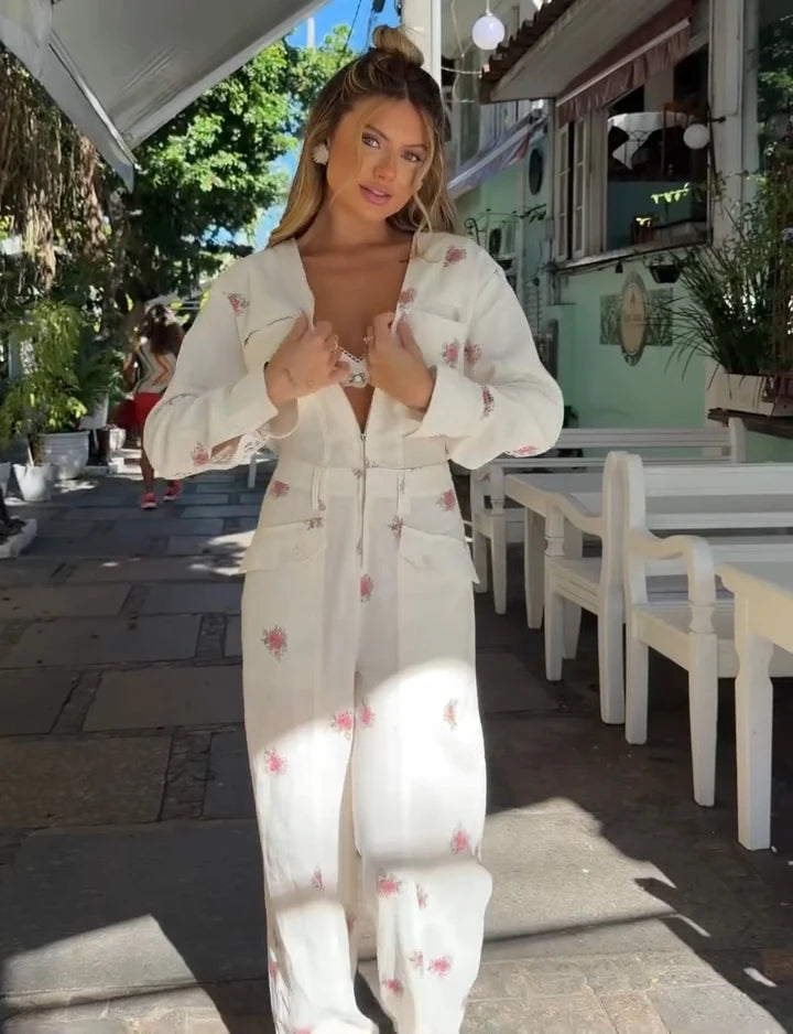 Casual Floral Printed Jumpsuits For Woman Sweet V Neck Full Sleeve Lace Spliced Pocket Lady Fashion street Clothing 2026