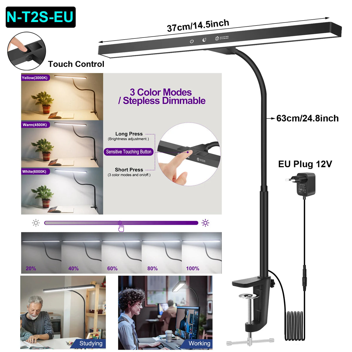 NEWACALOX EU/US 12V 24W Touch Control Desk Lamp with Clamp 360° Adjustable Gooseneck 3 Colors Table Light for Home Office Study