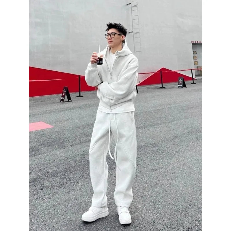 Men's Autumn Winter Hooded Open Cardigan Double Zipper Fleece Long Pants Sport Casual Two-Piece Set Versatile Polyester Fiber