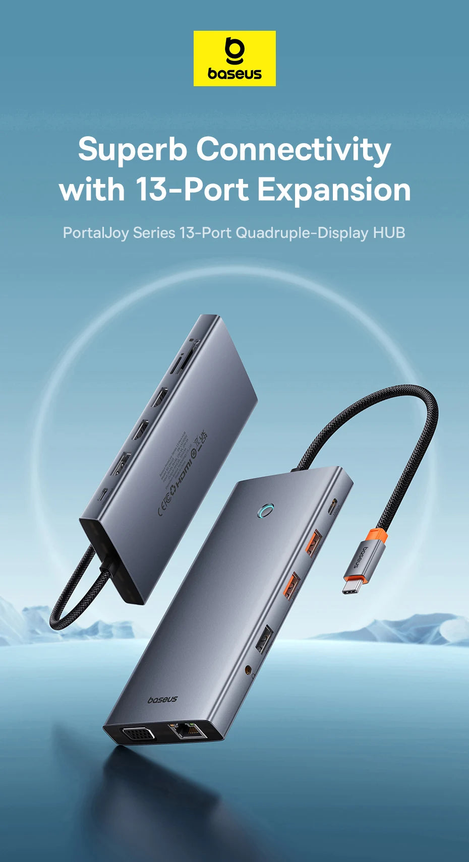 Baseus 13-in-1 USB C HUB to 2*HDMI 1*DP 4K@60Hz 1*VGA Quadruple Display USB 3.2 Adapter with RJ45 SD TF 3.5mm PD 100W Type C Hub