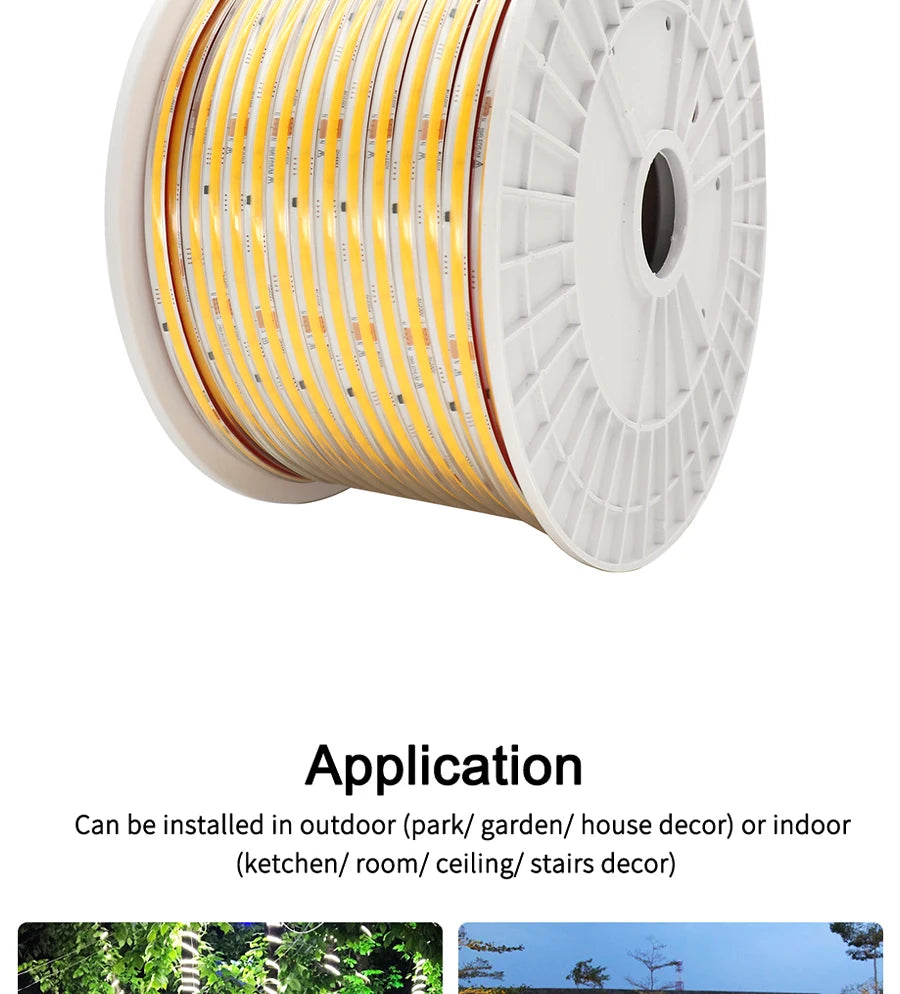 1-50M 220V COB LED Strip Light High Bright Flexible Ribbon Light Tape IP68 Waterproof Outdoor Garden LED Strip 3000K 4000K 6000K