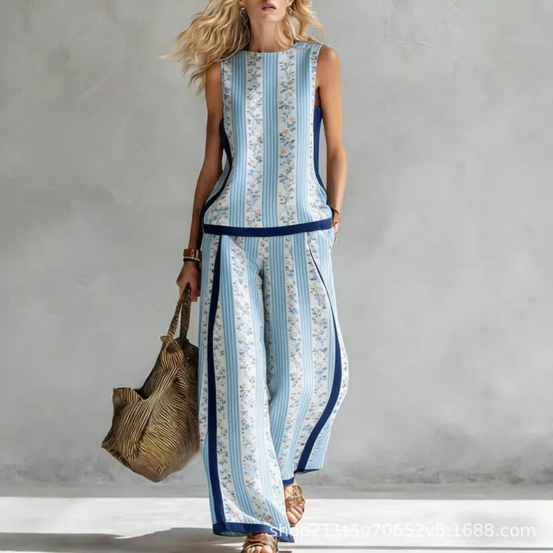 New Fashion Retro Printed Sleeveless Tops Trousers 2-piece Sets Women's Summer Casual Vest Loose Wide Leg Trousers Female Suit