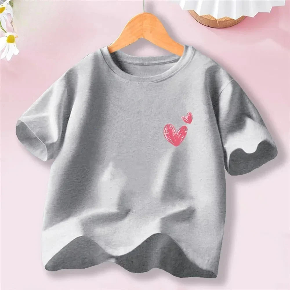 Sweet Heart Print T-Shirt Crew Neck Short Sleeve T-Shirt Casual Every Day Tops Girls Clothing Fashion Teens Sport Clothes