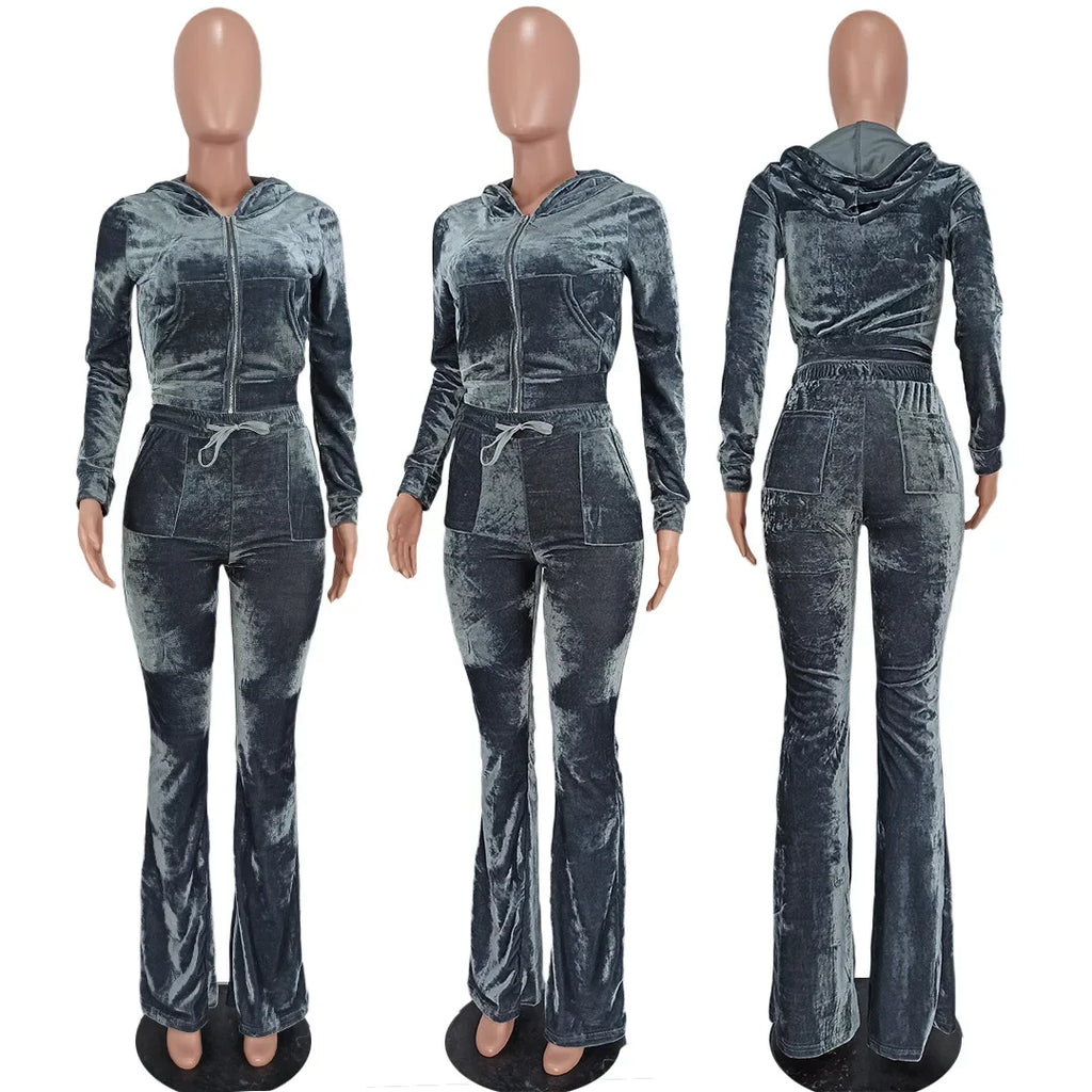Hot Sale Fall Women's hoodie Set Zipper Pocket Crop Top Jacket Velvet Jogging suit Velour tracksuits Women Two Piece set