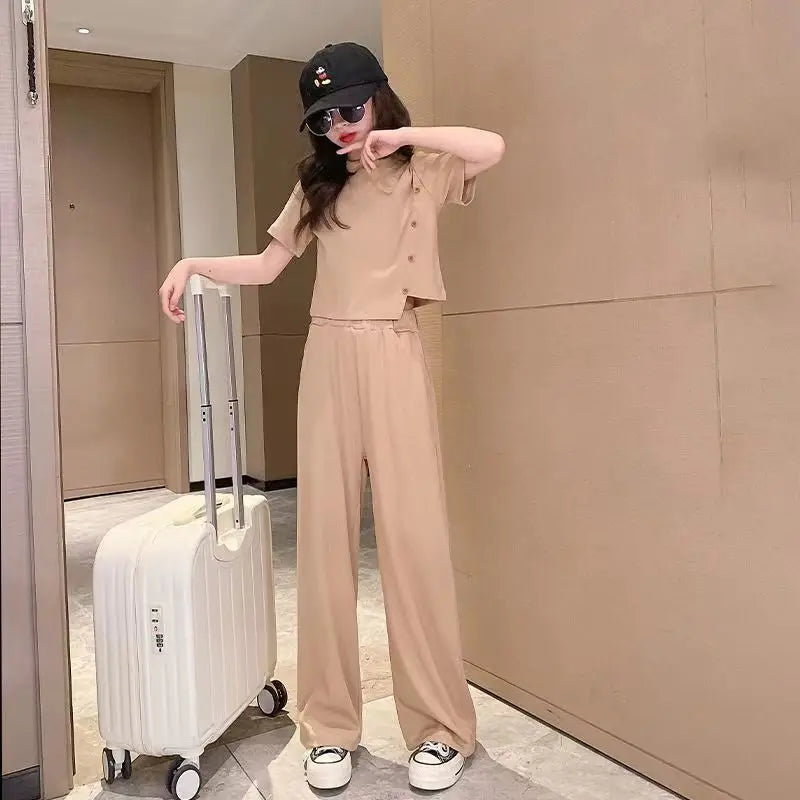 Summer 2026 Girls Clothes Sets Kids Short Sleeve Casual T-Shirts + Loose Pants 2PCS Children Clothing Suits Teen 6 8 10 12 14 Y