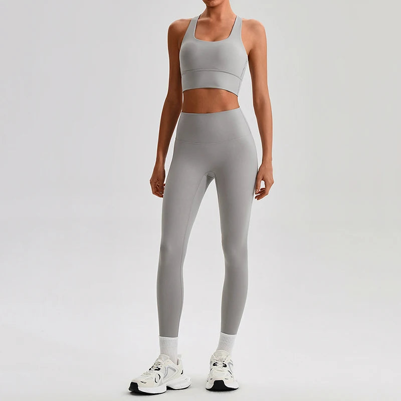 Naked Feel Yoga Set Women Fitness Sportswear 2 Piece Strappy Sports Bra High Waist Gym Leggings Workout Outfit Active Wear