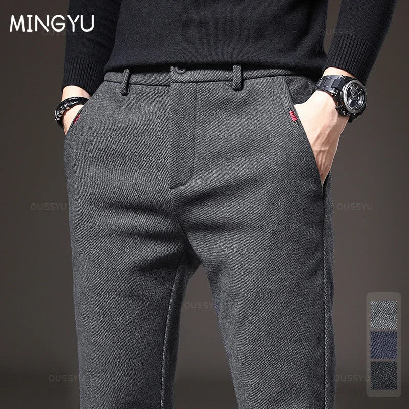 Autumn  Winter New Classic Casual Pants Men Thick Business Korea Slim Fit Stretch Gray Blue Black Brushed Fabric Trousers Male