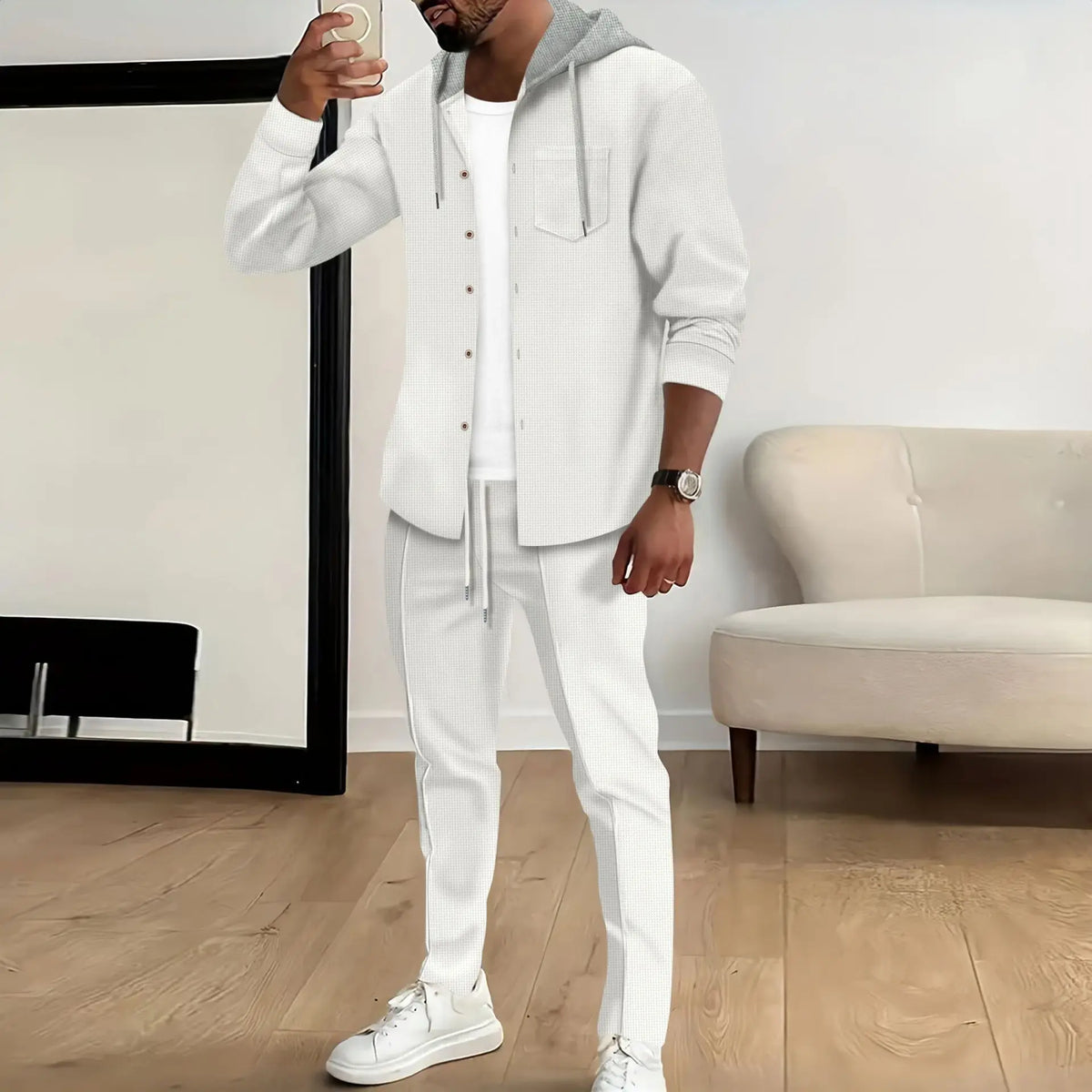 Men's American Autumn Waffle Casual Hooded Color-blocking Long-sleeved Cardigan Jacket And Trousers Set