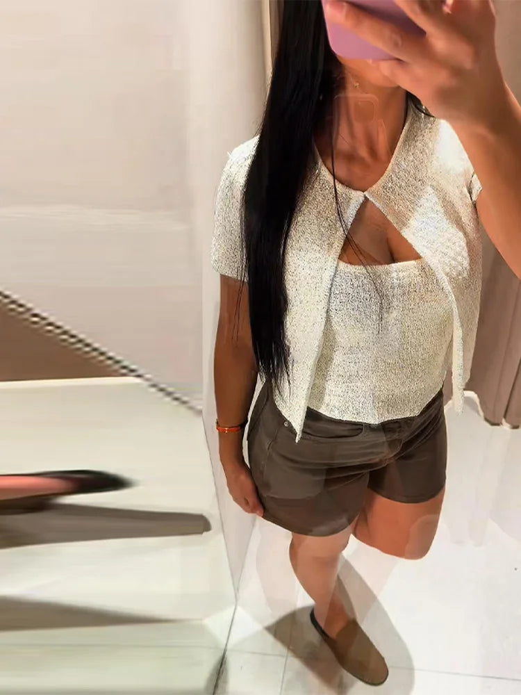 Women's Tank Tops Knitted Sequined Vests Summer Female Square Collar Sleeveless Backless Bodycon Crop Top Chic Lady Knitwear New