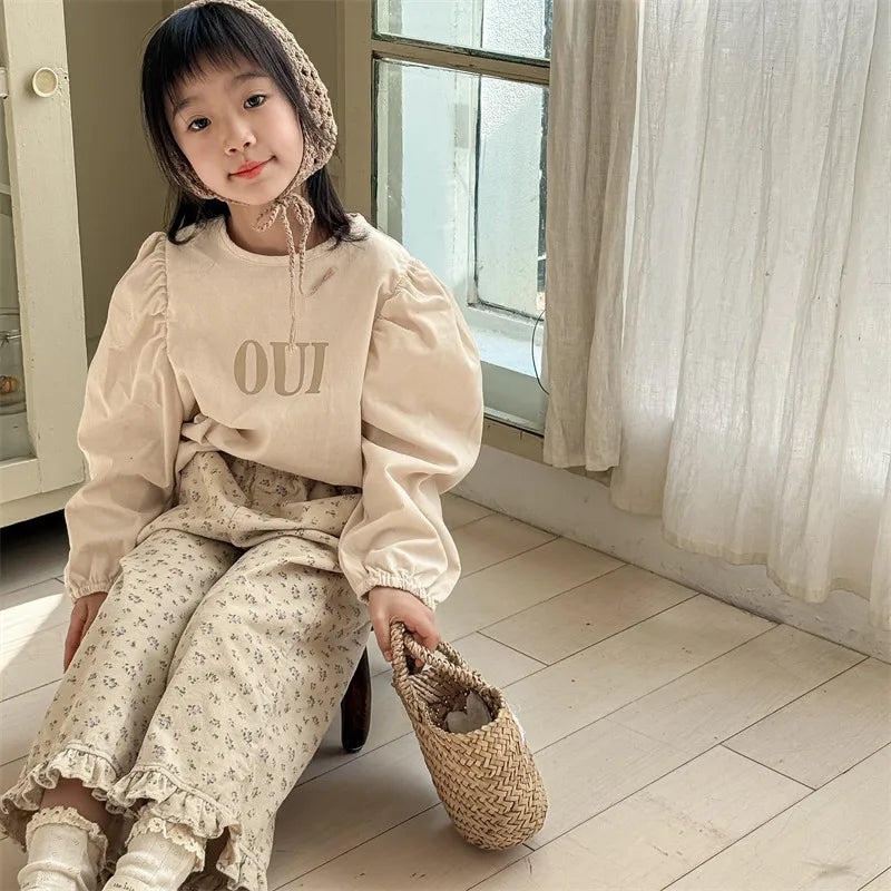 deer jonmi 2026 New Spring Baby Girls Wide Leg Pants Floral Printed Korean Style Corduroy Ruffles Toddlers Kids Casual Trousers