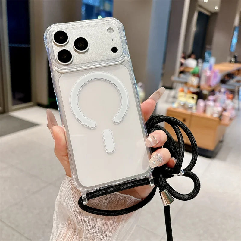 Crossbody Lanyard Clear Magnetic Case For iPhone 18 17 Air 16 15 Plus 14 13 12 Pro Max For Magsafe Acrylic Hard PC Back Cover