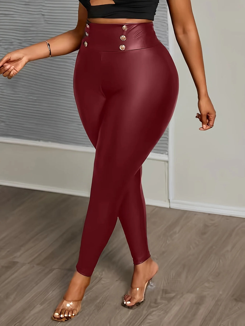 Plus Size Buttoned Slimming High-Waisted PU Leather Pants for Women